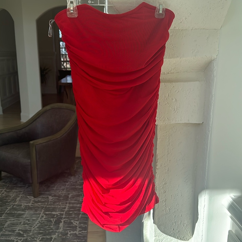 Red strapless mini dress